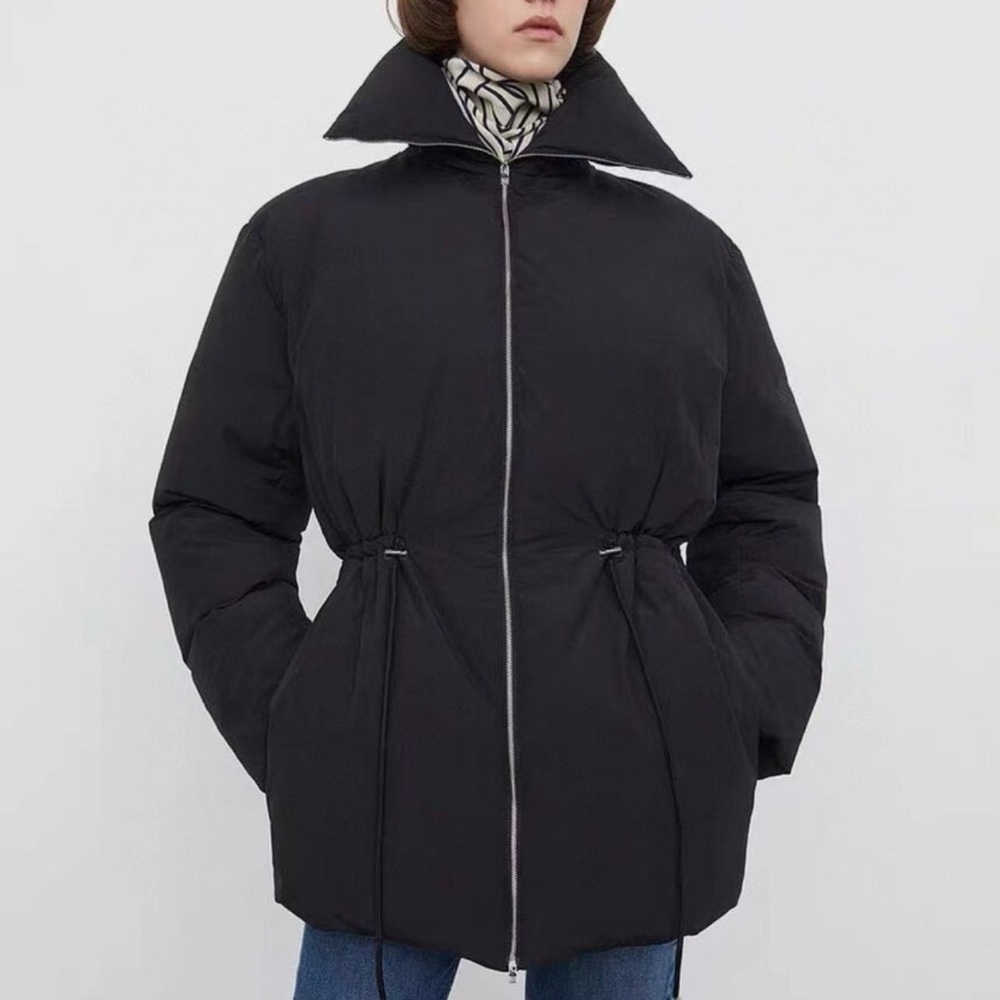 Toteme Black Puffer Jacket with High Collar and Adjustable Waist